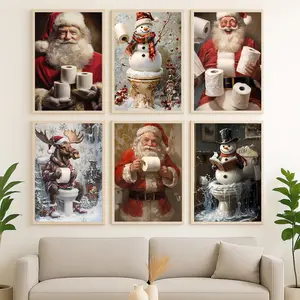 Funny Santa Holding Toilet Paper Canvas Print Posters Christmas Bathroom Wall Art Eclectic Festive Holiday Decor for Bathroom Living Room Washroom Restroom Signs