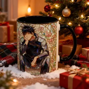 Anime Megumi Coffee Mug, Stained Glass Style Design, Otaku Fan Gift (Flat Printed Design)