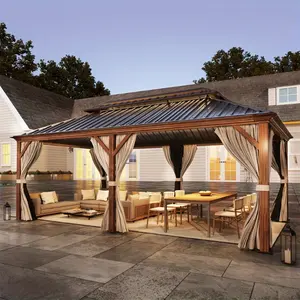 12X20/14x20 Hardtop Gazebo Galvanized Steel Double Roof, Wood-Grain Aluminum Frame Gazebo Includes Mosquito Netting & Curtains