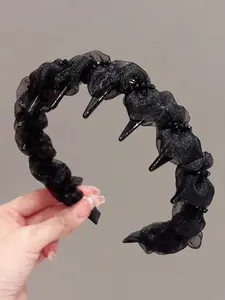 Lace Frill Spike Hairband, Lightweight Mesh Material, Ruched Design, Sharp Tooth Shape, Sweet Cool Gothic Style, Daily Commute, Party, Zigzag Headband