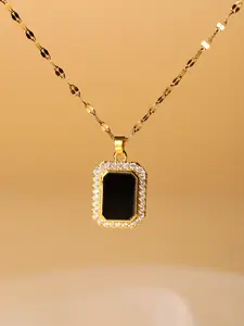 Rectangle Stainless Steel Plating Inlay Zircon 18K Gold Plated Pendant Necklace