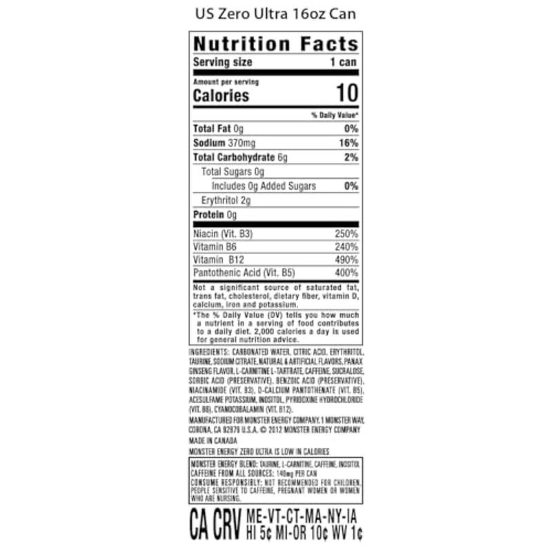 Monster Energy Zero Ultra Sugar Free Energy Drink 16 Ounce (Pack of 15) - Sport Beverage