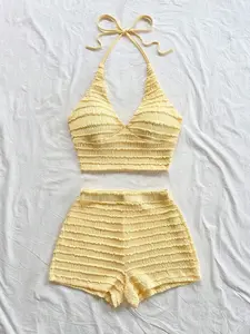 YULENA Sweet Romantic Pale Yellow Textured Knit V Neck Spaghetti Strap Top and Shorts 2 Piece Set Summer Vacation Outfit for Women
