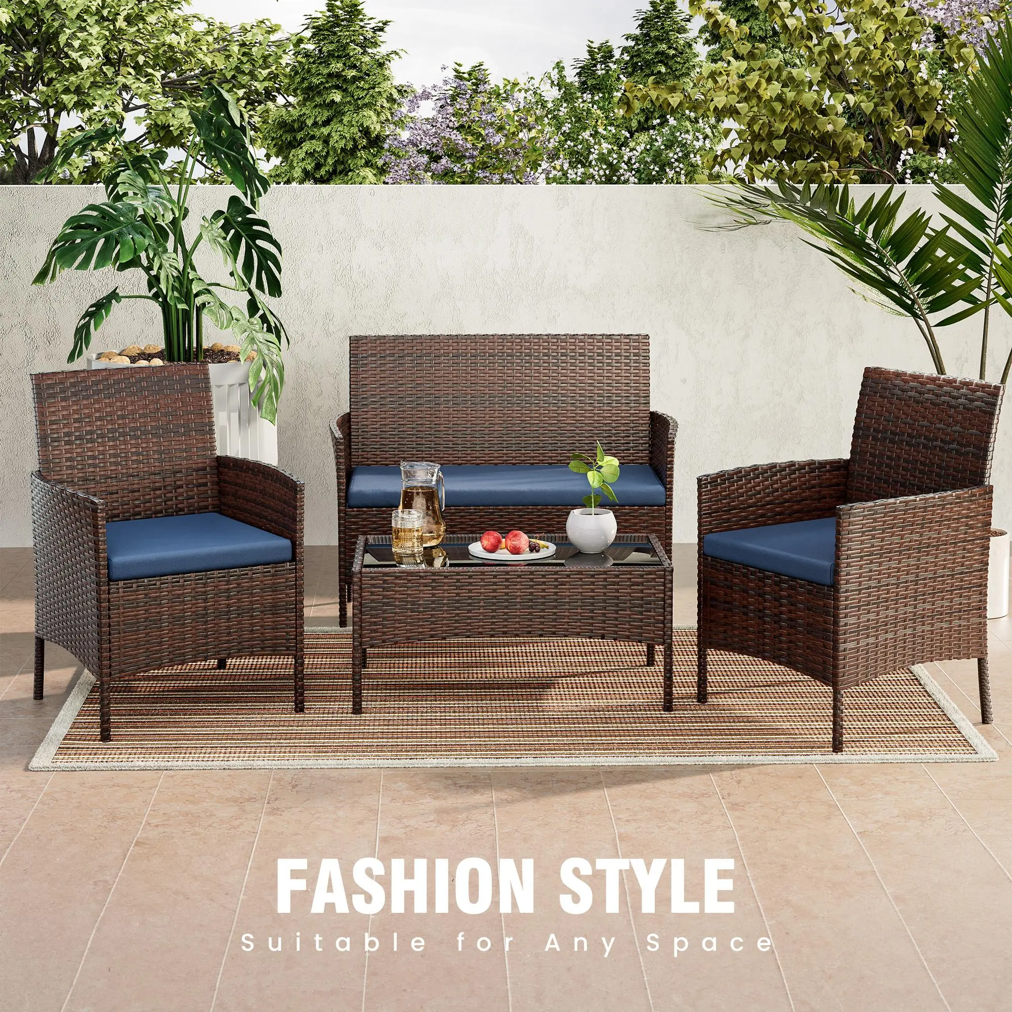 Amopatio 4-Piece Grey Rattan Wicker Sectional Patio Bistro Set, Modern Swivel Conversation Outdoor Furniture with Comfy Cushions, Tempered Glass Top Wipes Clean Fast, Suction-Cup Secure for Balcony & Garden, Traditional Home Decor