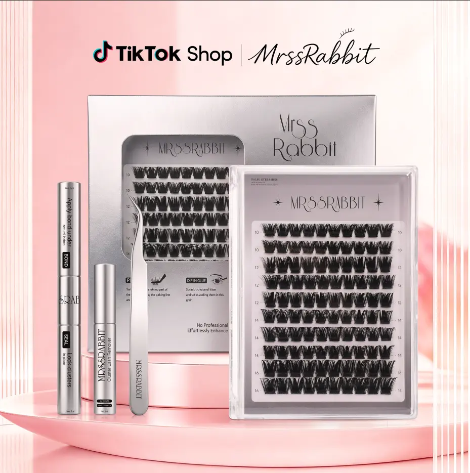 Lucky Bunny Bold Eyelash & Full Lash Set, mixed lengths 10–16 mm, no salon lash extension skills needed; fluffy D curl dynamic single cluster extensions; easy at-home makeup application—set includes adhesive, lash remover, and tweezers; multi-size lash le