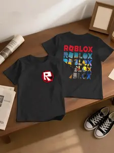 Boys Roblox Double-Sided Print T-Shirt, Stacked Logo & Character Graphic, Short Sleeve Gamer Tee, Sporty Style, Fitted, Cartoon Pattern