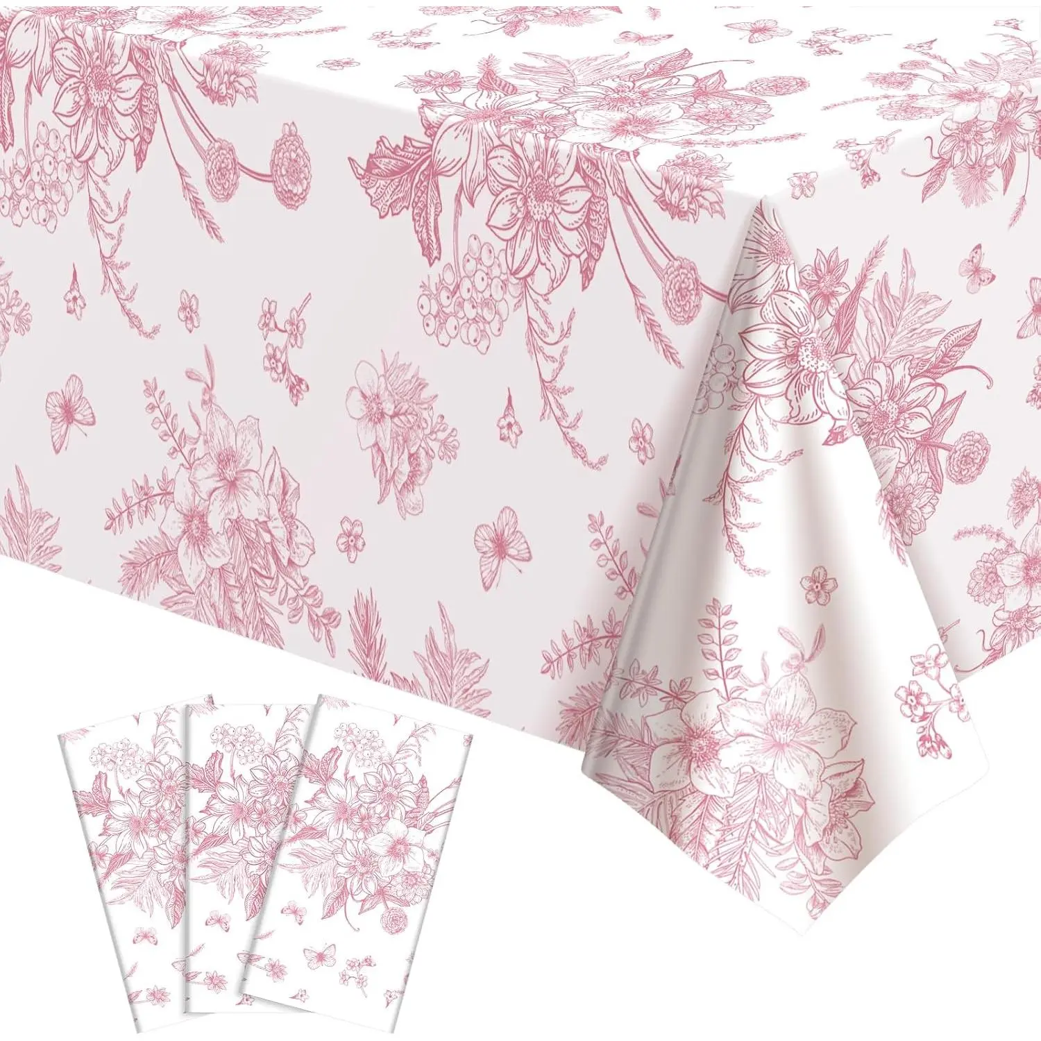 3 Pcs Pink Floral Plastic Tablecloths, 54 X 108Inch Tea Party Tablecloth Disposable Wedding Table Cloth Pink and White Porcelain Tables Decor for Garden Wedding Tea Party Birthday Baby Bridal Shower