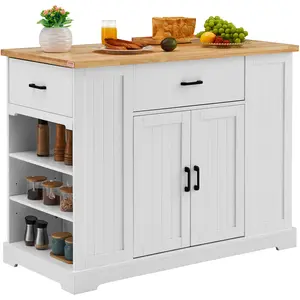 VEVOR Kitchen Island Cart,  46" Wood Top Breakfast Bar with Storage Cabinet, Farmhouse Kitchen Table with Adjustable Shelf, Drawer, for Dining Kitchen Living Room, White
