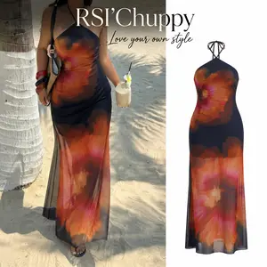Elegant Tropical Floral Maxi Dress for Women Wedding Guest Summer Beach Vacation Dress Halter Tie Neck Backless Mermaid Bodycon Evening Party Gown