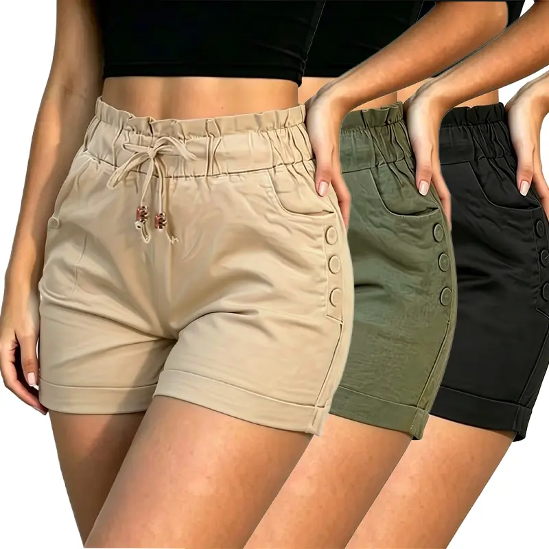 Women's 3PCS High-Waisted Minimalist Elastic Ruffled Bottom Shorts - Spring-Summer Casual Polyester, Smooth Fabric, Adjustable Button Detail, Cropped for Everyday Wear