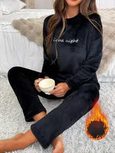 Women's Fall Winter Warm Flannel Pajama Set, Long Sleeve Letter Embroidery, Loose Fit Casual Two-Piece Homewear