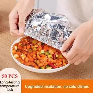 50pcsAluminum foil food warming cover keeps food warm and fresh. High-quality, reusable aluminum foil food cover for the family dining table. Kitchen freshness protector suitable for home and kitchen use.