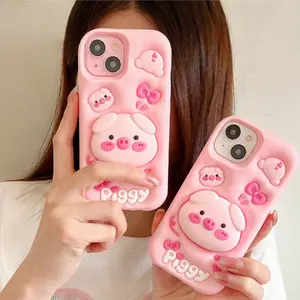 Cute Pig Piggy Telescopic Bracket Soft Silicone  Case For iPhone 16 15 14 13 12 11 Pro Max X XS Max 7 8 Plus With Stand Holder