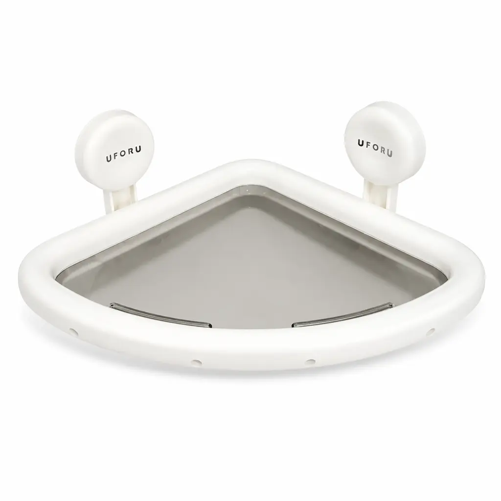No-Drill Suction Corner Floating Shelf with Clear Tray, Punch-Free Removable Wall-Mount Rack, Minimalist Triangle Organizer for Bathroom Vanity & Kitchen Spice Storage shoe hat blade stand drawer easy-to-clean flip toddler room metal handle