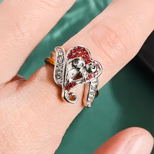 1 Piece of Authorized Pre-Christmas Nightmare Inspired Ring, "True Love Never Dies" Carving, Holiday Red and Rhinestone Inlaid, Cute Halloween Finger Decoration Women's Jewelry