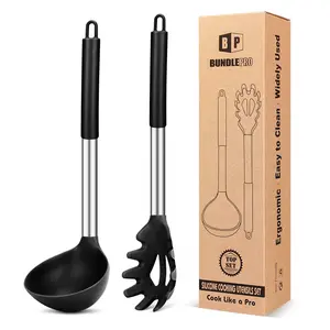 Silicone Pasta Fork and Ladle Spoon Set, Large Non Stick Kitchen Utensils for Cooking,Stirring,Serving Spaghetti, Soup, Sauce