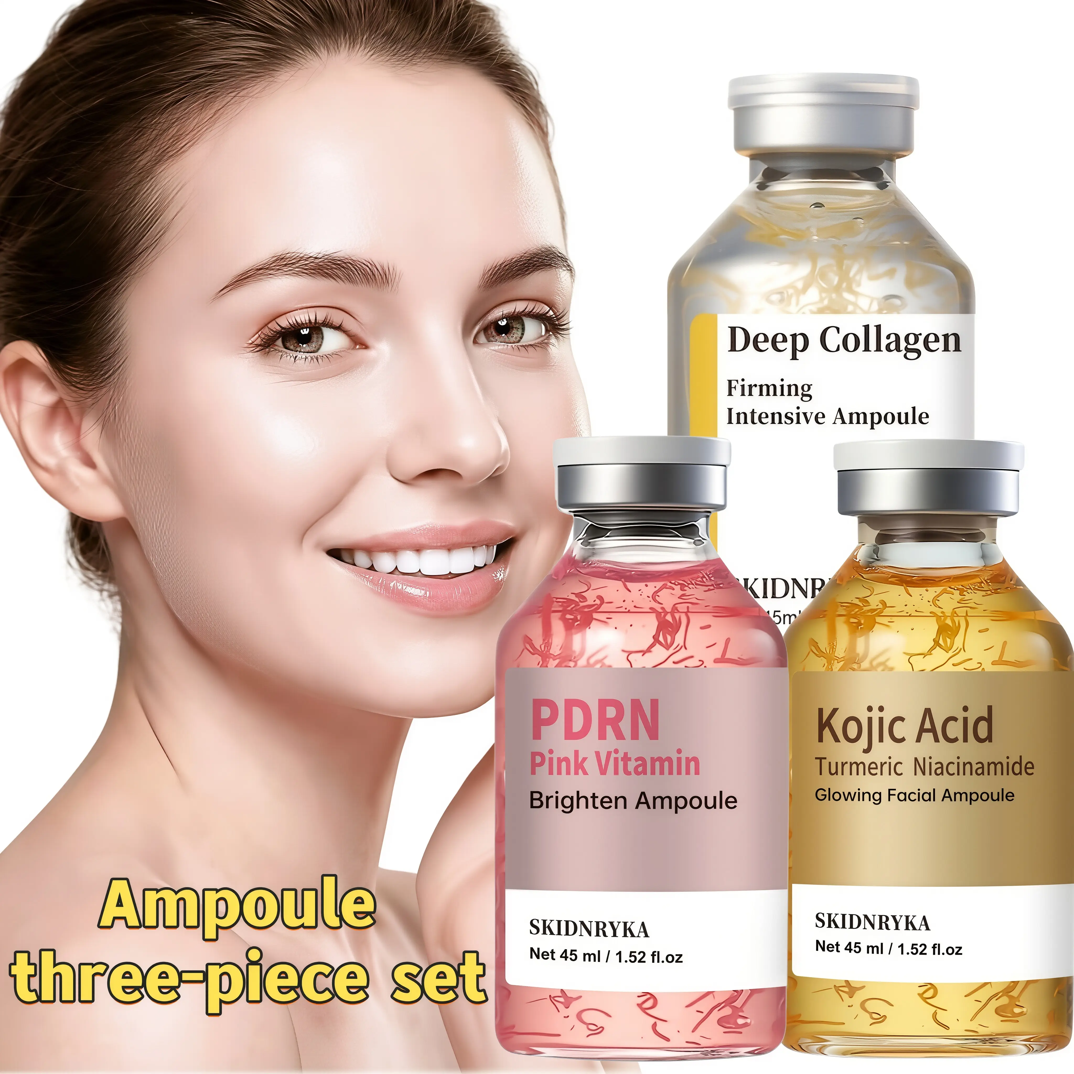 SKIDNRYKA Facial Serum 3-Piece Set, containing niacinamide, kojic acid, and collagen; hydrates and moisturizes, lifts and firms skin, evens out skin tone, suitable for daily facial care, use morning and evening, serum, skincare ampoule, travel size