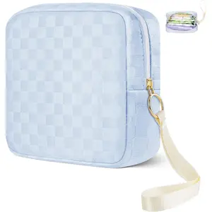 Tampon Holder for Purse, Upgraded 5.3" Checkered Period Bag, Sanitary Napkin Storage Bag with Wrist Strap for Girls Women, Thickened Portable Period Pad Pouch(Blue)