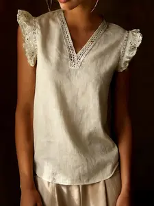 Women's Vintage Lace Patchwork V-Neck Loose Blouse, Comfortable Breathable Cotton Linen Top, Spring Summer Casual Commuter Shirt Womenswear