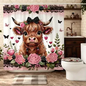 1PC Floral Pattern Highland Cow Shower Curtain Lush Pink Rose Decor for Bathroom Dry Wet Separation Bedroom Changing Room Partition Spaces Functional Divider Bathroom shower curtain polyester shower curtain with hooks