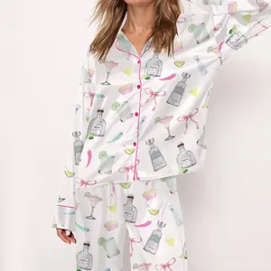 Trendy Tequila Margarita Satin Pajama Set For Women Print Comfy Satin Sleepwear & Loungewear Pjs Printing Silky Top & Bottoms - SHESHOW