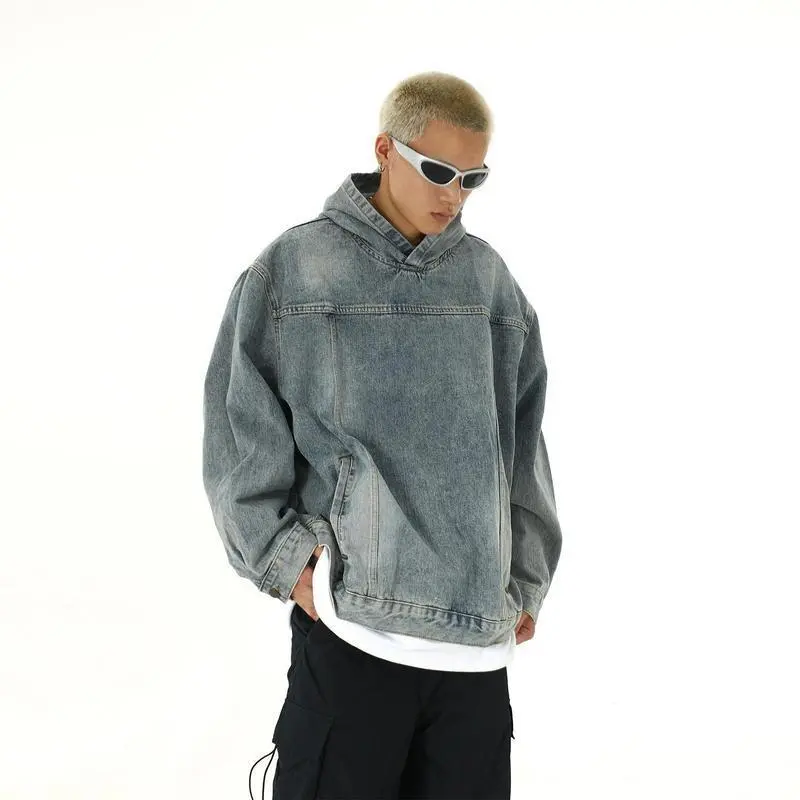 Retro washed hooded denim jacket men's and women's trendy brand niche couple versatile loose casual pullover sweater