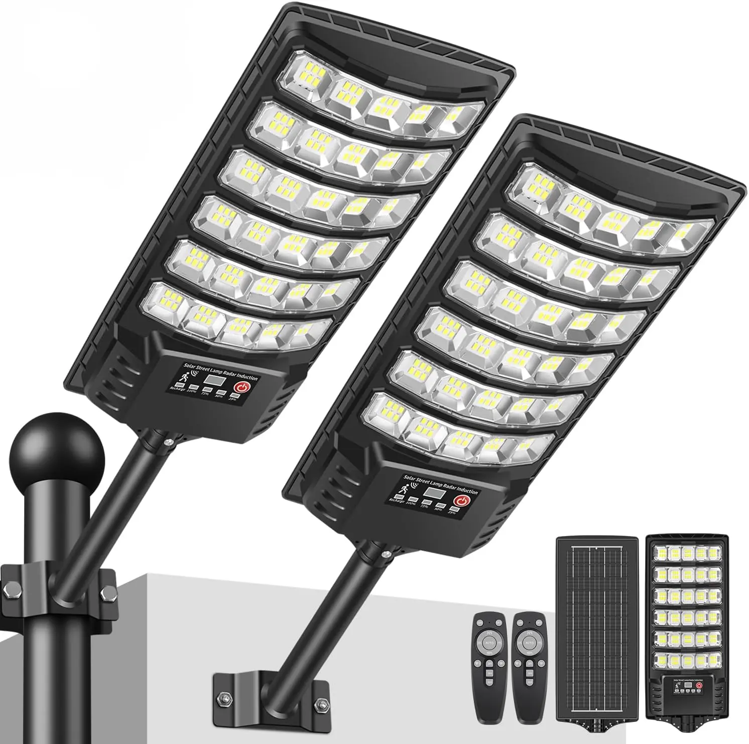 2PC Solar Street Lights with 4Lighting Modes,Waterproof ,Dusk to Dawn Outdoor Motion Sensor Light With Remote Control ,6500k Cool White Light for Garden , Garage ,Backyard Commercial Lights