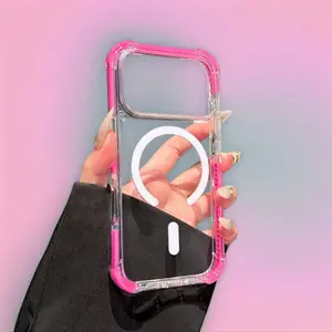 IP17ProMax Phone Case Four Corners Anti-Fall Magnetic Suction Cream Border Silicone Case for IP17Pro New with Pink Border and Clear Back Protective Smartphone Cellphone Screen Protector phone cases