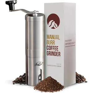 JavaPresse Manual Stainless Steel Coffee Grinder - 18 Adjustable Settings, Portable Conical Burr Grinder for Camping, Travel, Espresso - With Hand Crank