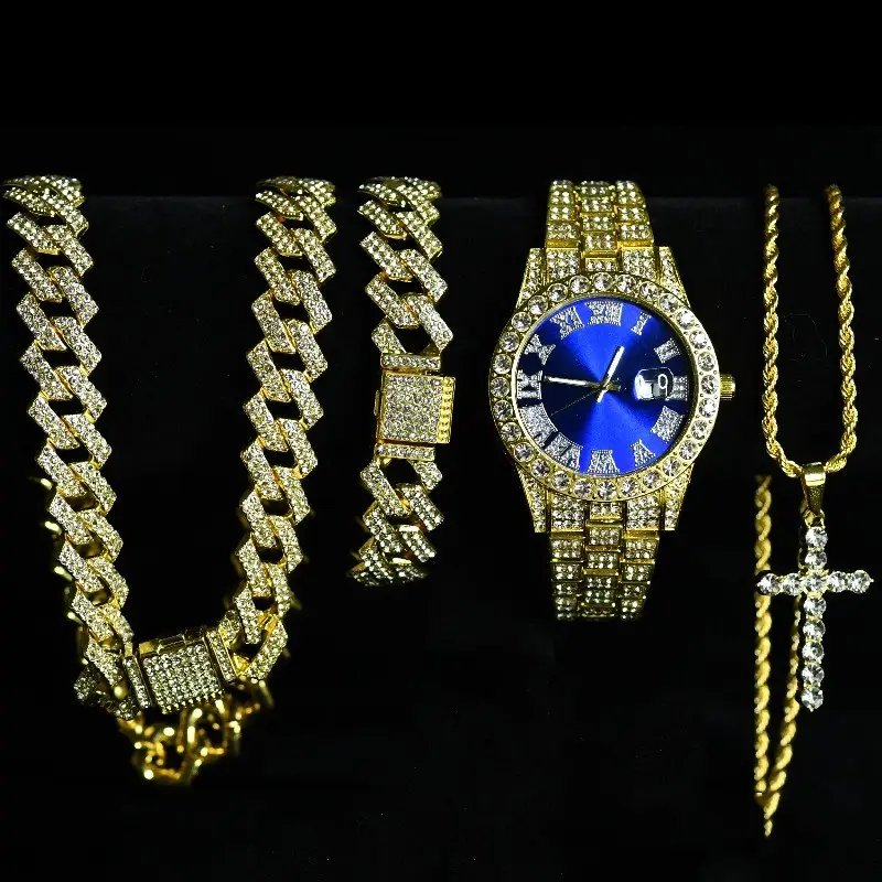 4pcs 2026 New Iced Out Bling Jewelry Set for Men, Golden Plated Full Cuban Link Chain And Bracelet, Red Roman Numeral Round Decor Piece, Cross Twisted Rope Necklace, Hip Hop Rapper Street Fashion Accessory Gift Pack