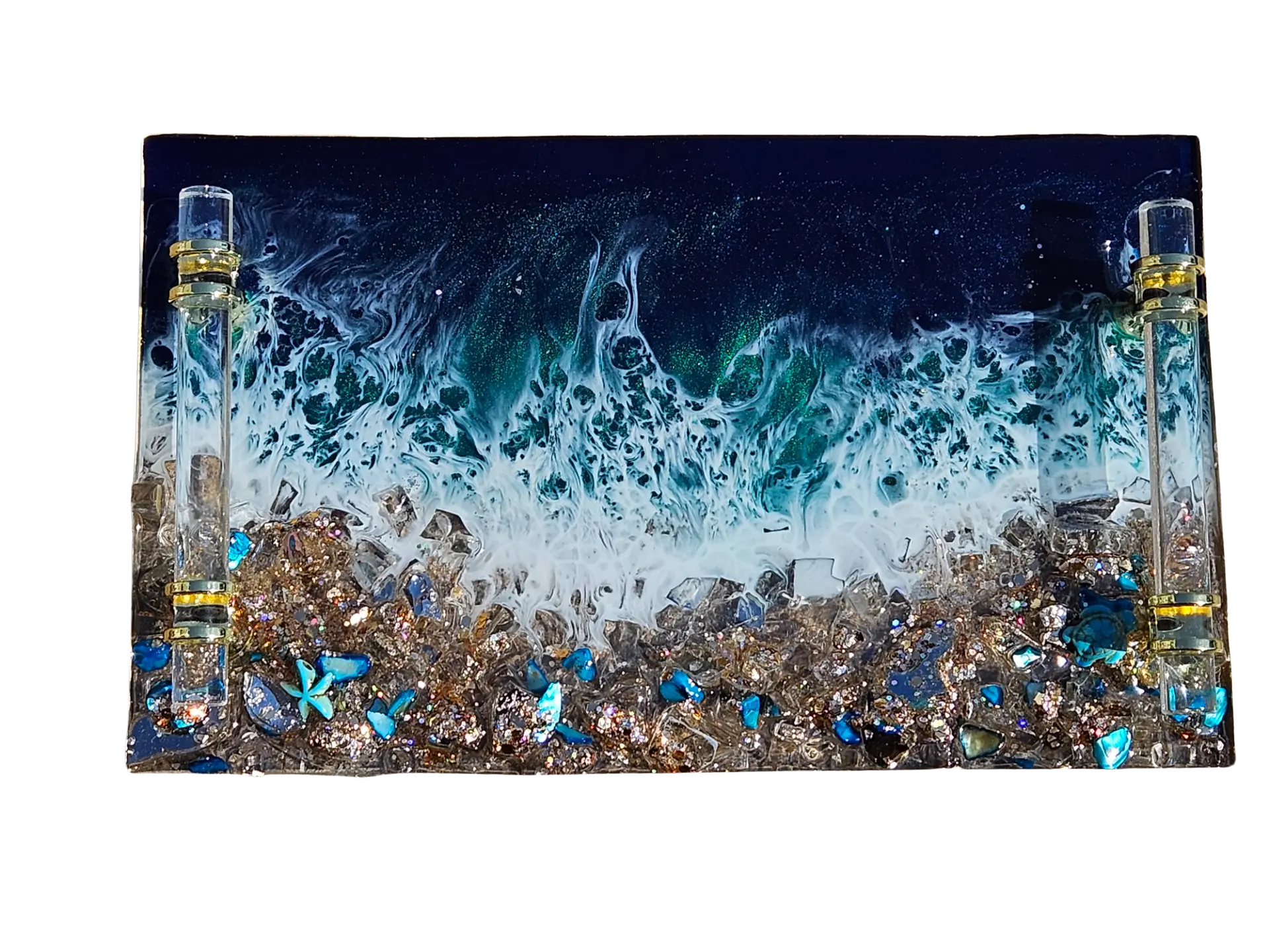 Handcrafted Art Hand Poured Epoxy Resin perfume and jewelry storage display tray with crushed crystal quartz, metal and glass 14"X8" with acrylic glass look handles and brass accent. Ocean and wave theme décor for home or office.