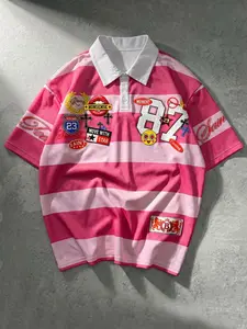 Y2K Patchwork Striped Rugby Jersey, Vintage Streetwear Oversized Polo Shirt, Loose-Fitting Short Sleeve Top, Casual Fashion