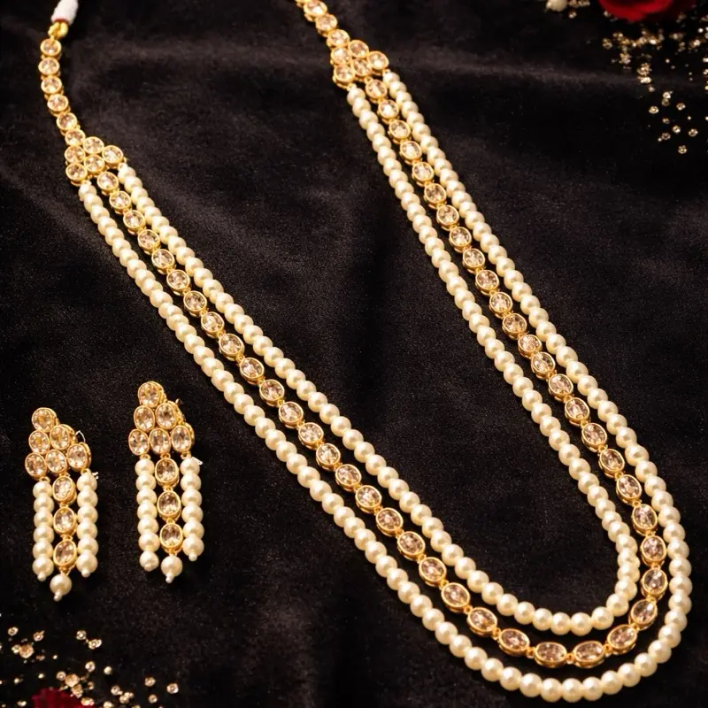 Long Crystal Neckpiece and Earring Jewelry Set with Pearl Accents - Elegant & Versatile Accessory for Hijab Wear, Crystal Necklace, Long Neckpiece, Daily, Set Jewelry, Hijab Enthusiasts, Matching Earrings, Perfect Accessory, Crystals