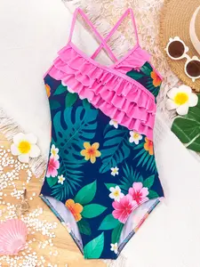 Girls' One-Piece Swimsuit, Tropical Print Asymmetric Ruffle Design Bathing Suit, Fashion Beachwear, Comfortable Swimwear, Casual Style Swimming Costume