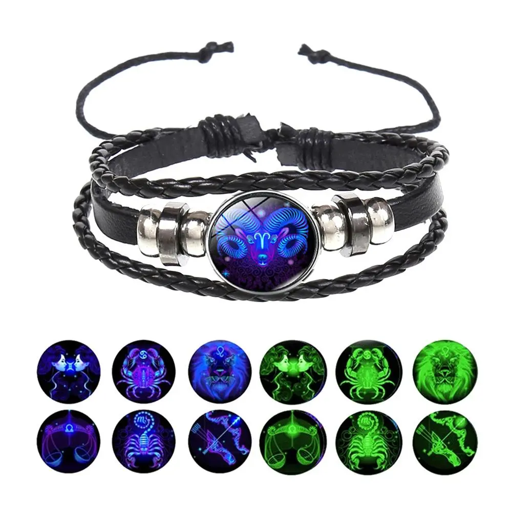 New Men 12 Constellation Black Braided Leather Bracelet Punk Style Zodiac Sign Multilayer Weave Wrap Bracelet For Birthday Gifts