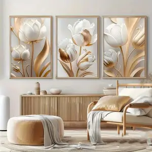 3 Pieces Optional Wooden Frame Modern Simple 3D Relief Floral Canvas Painting Decor Painting Living Room Corridor Entryway Background Corridor Entryway Wall Embellishment Matte Surface Art Canvas Clear Texture Canvas Print
