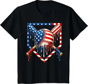 (Youth) 4th of July Baseball Drip American Flag Baseball T-Shirt, Patriotic Baseball Tee, Soft And Comfortable Cotton Graphic Tee