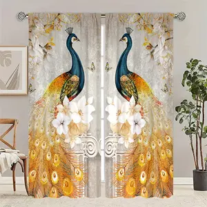 2 pieces of high-definition digital watercolor-style blue-gold peacock pattern printed curtains. They offer semi-transparent protection for privacy and can be washed by hand or machine. Suitable for bedroom and living room decoration.