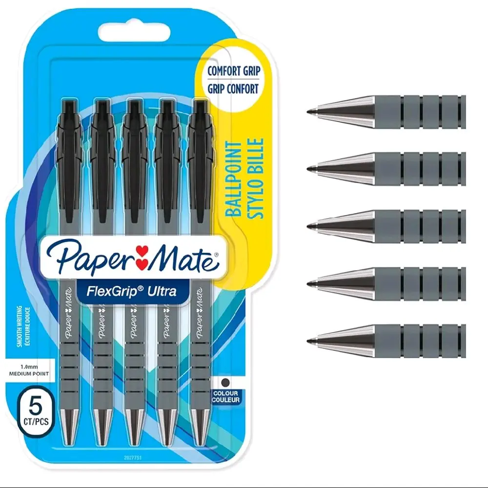 Paper Mate Flexgrip Ultra Retractable Ballpoint Pens | Medium Point (1.0mm) | Black | 5 Count