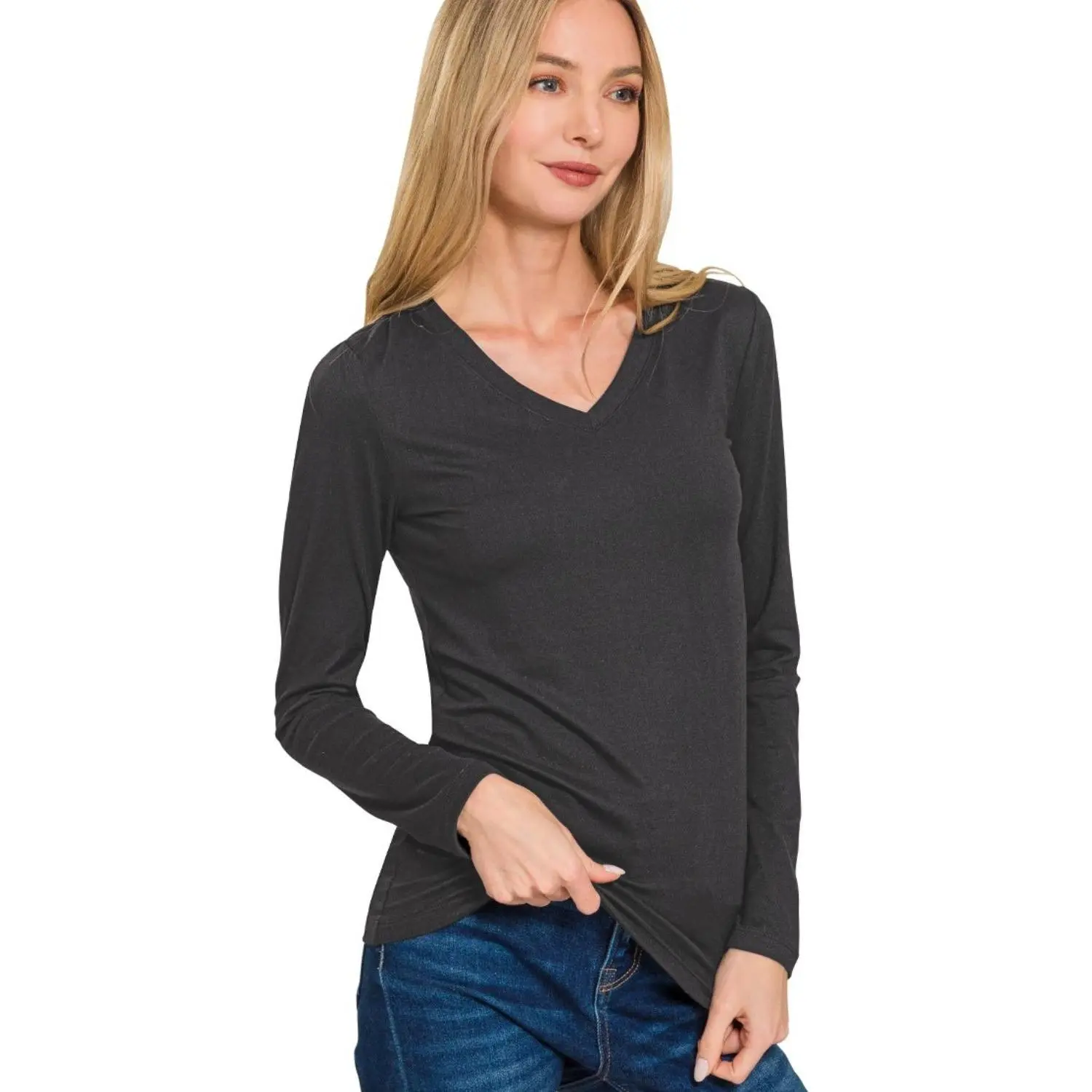 Zenana Brushed Microfiber Long Sleeve V-neck Tee