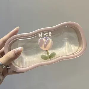 Transparent Vintage Tulip Eyeglass Case with Cloth, Unisex Portable Fashion Glasses Storage Box, Anti-Pressure Eye Glass Holder
