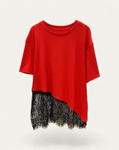 Women's Asymmetrical Lace Hem Blouse, Polyester-Spandex Knit Ribbed Top