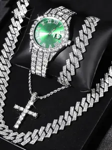 Elegant Silver Color Rhinestone Chain Necklace, Roman Numeral Watch, Cuban Link Cross Pendant, Unisex Jewelry for All Seasons
