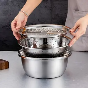 3 Pcs Stainless Steel Kitchen Tool Set with All-in-One Knife Sharpener, Multi-Function Colander & Mixing Bowl, Ideal for Washing, Slicing Fruits, Vegetables & Cheese, Builtin Drain System, Food-Grade Safe, Perfect for Home Cooking