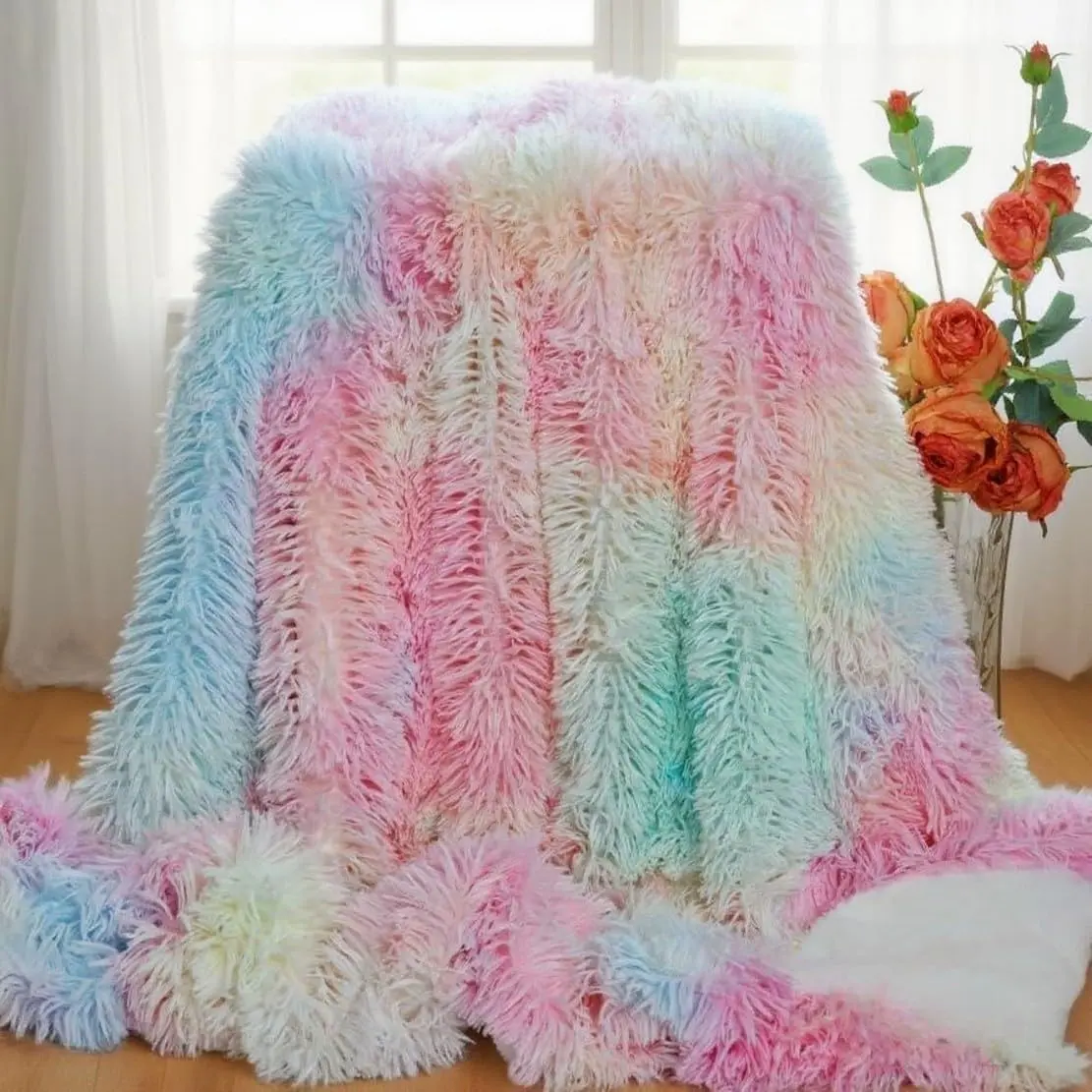 Rainbow Faux Fur Throw Blanket Fluffy Soft Tie Dye Fuzzy Blanket for Couch Sofa Living Room Decor
