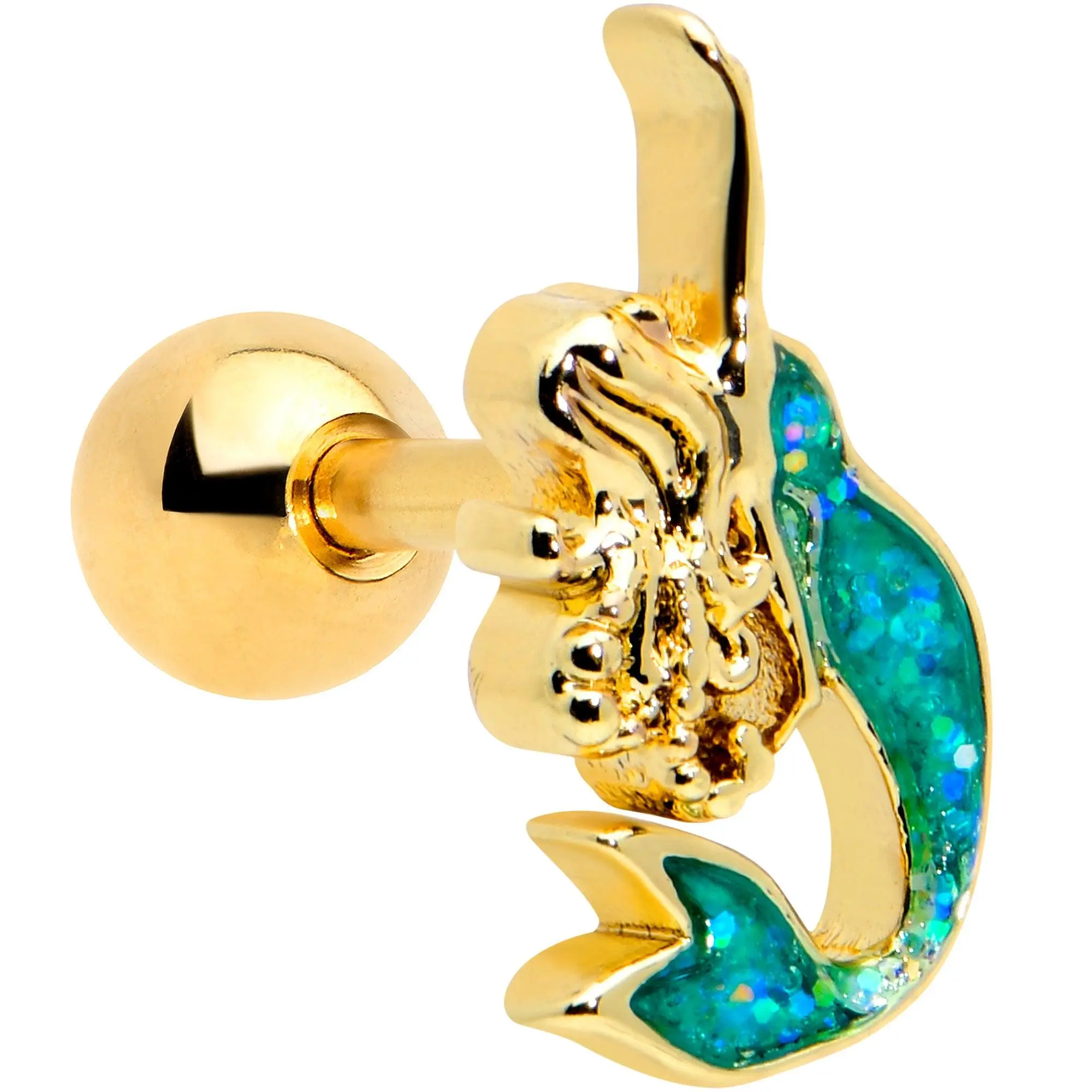 16G 1/4 Green Faux Opal Gold Hue Curvy Mermaid Cartilage Tragus 16G 1/4 Green Faux Opal Gold Hue Curvy Mermaid Cartilage Tragus