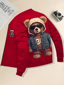 Spring and Autumn new men's jacket red cartoon bear pattern printing casual sports zip hooded windproof warm men's jacket clothes