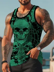 Men's Beach Vacation Tank Top Skull, Casual Summer Sleeveless Shirt, Comfortable Cotton Material, Perfect for Travel and Daily Wear, Outdoor