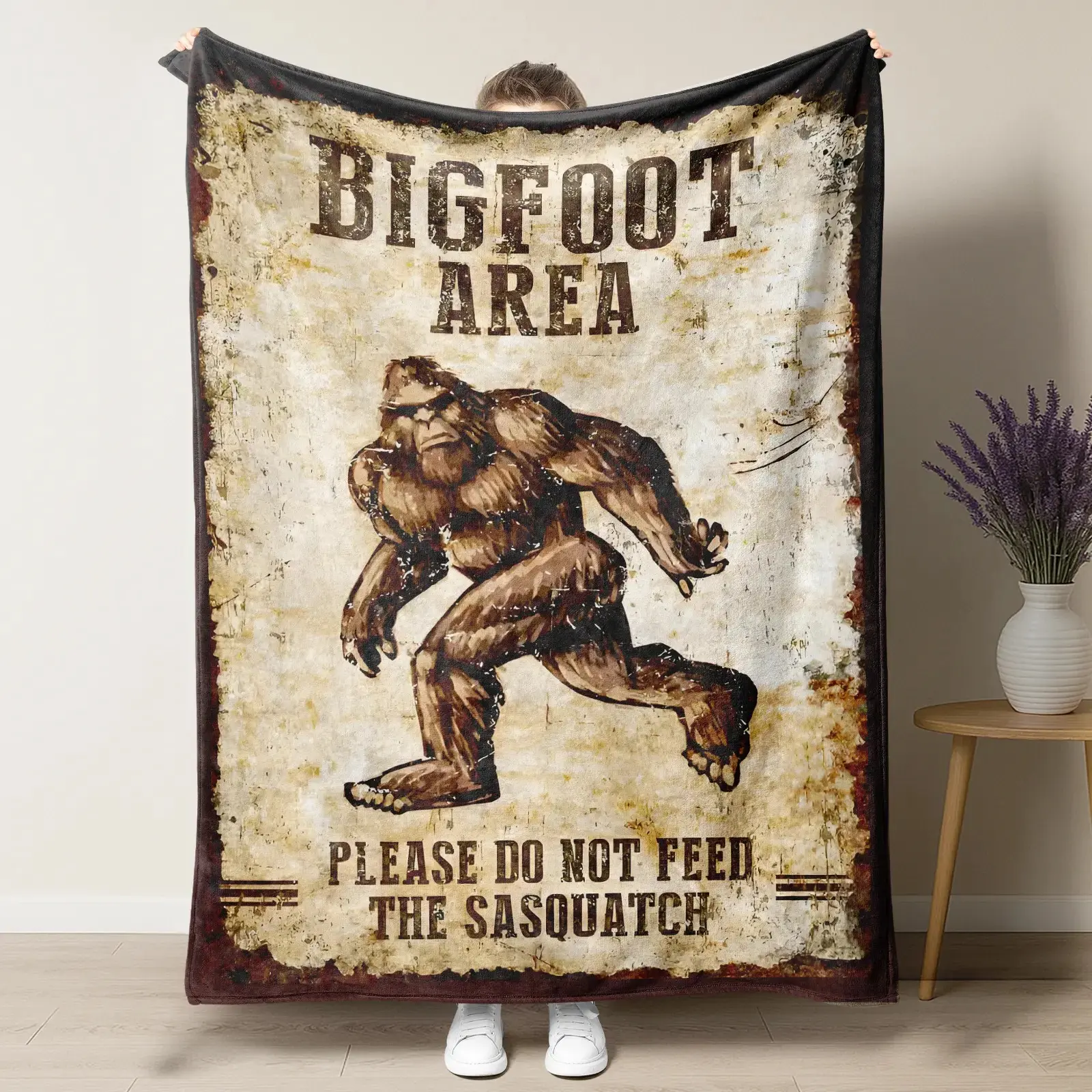Bigfoot Print Flannel Throw Blanket - Bigfoot Area Please Do Not Feed The Sasquatch - Cool Christmas Gift