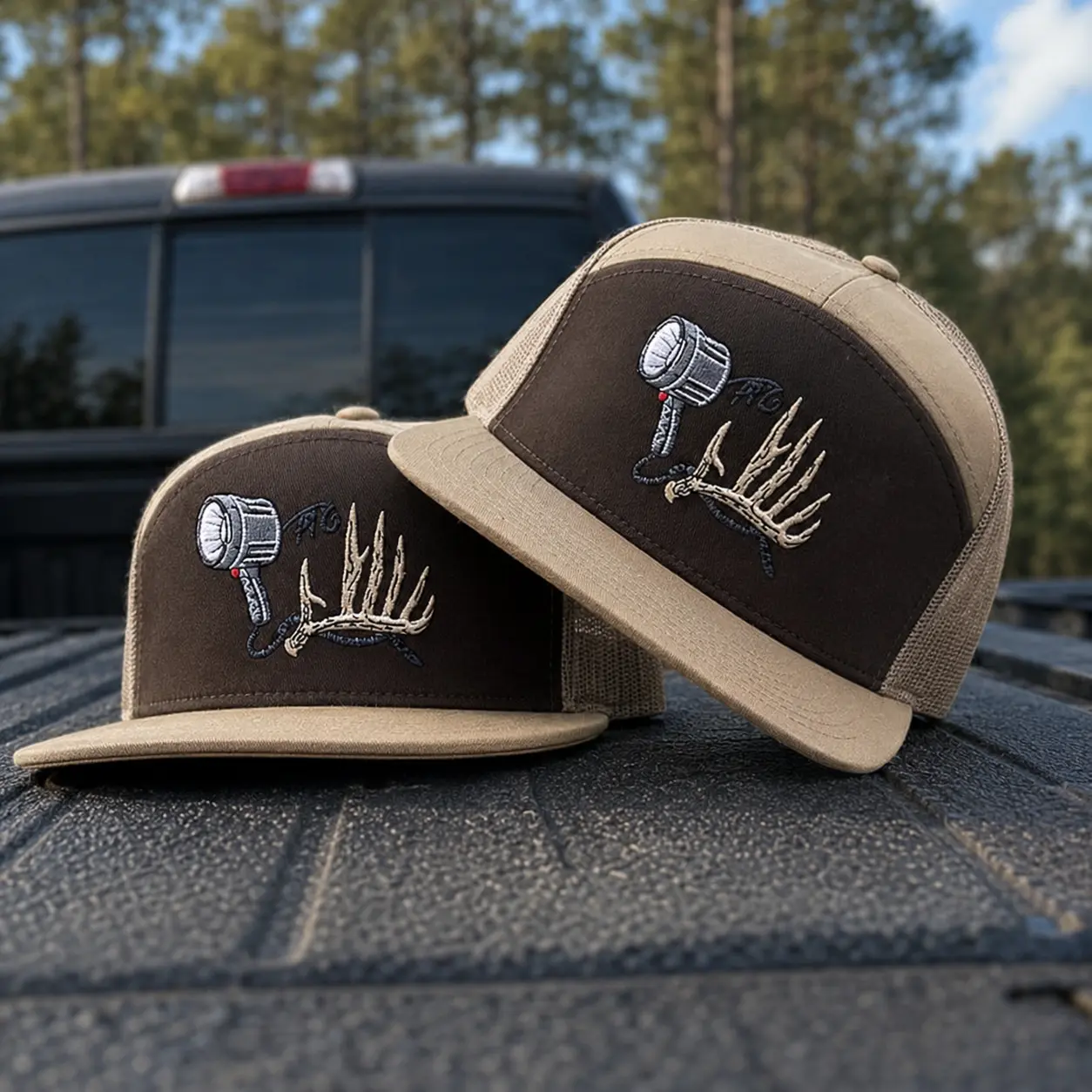 7 Panel Black Mesh Back Hunting Hat, Deer Antler Embroidered Trucker Cap, Outdoor Hunter Snapback Hat, Whitetail Buck Fishing Cap Gift